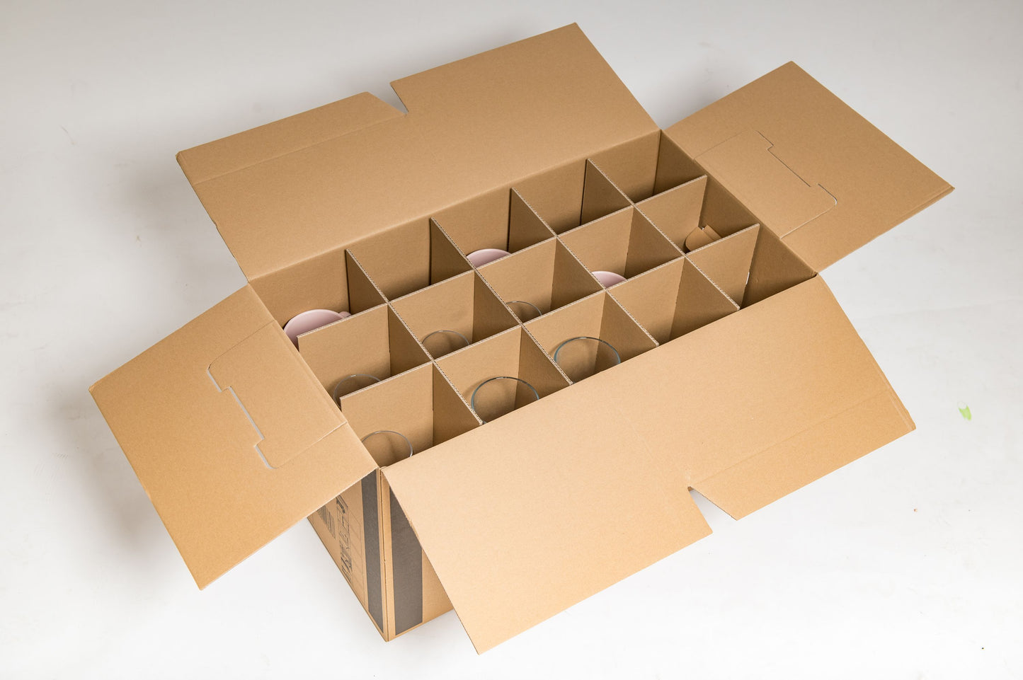 Gläserkarton, 64x34x36cm, braun, mit Gefache + Einlage